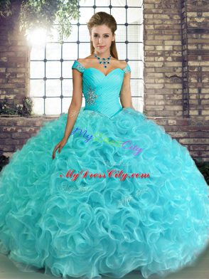 Floor Length Lace Up Sweet 16 Dress Aqua Blue for Military Ball and Sweet 16 and Quinceanera with Beading