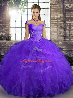 Traditional Floor Length Lace Up Sweet 16 Dress Purple for Military Ball and Sweet 16 and Quinceanera with Beading and Ruffles