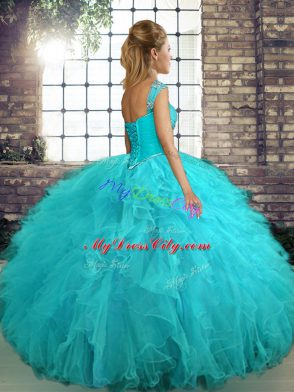 Traditional Floor Length Lace Up Sweet 16 Dress Purple for Military Ball and Sweet 16 and Quinceanera with Beading and Ruffles