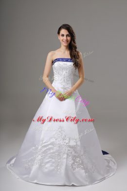 Glamorous Strapless Sleeveless Brush Train Lace Up Wedding Dress White Satin