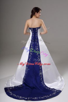 Glamorous Strapless Sleeveless Brush Train Lace Up Wedding Dress White Satin