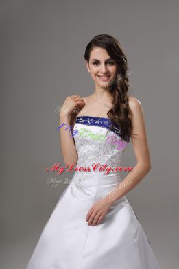 Glamorous Strapless Sleeveless Brush Train Lace Up Wedding Dress White Satin