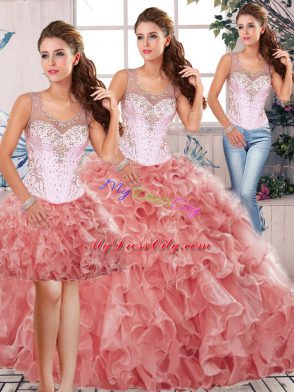 Floor Length Watermelon Red Sweet 16 Dress Organza Sleeveless Beading and Ruffles