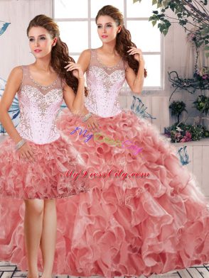 Floor Length Watermelon Red Sweet 16 Dress Organza Sleeveless Beading and Ruffles