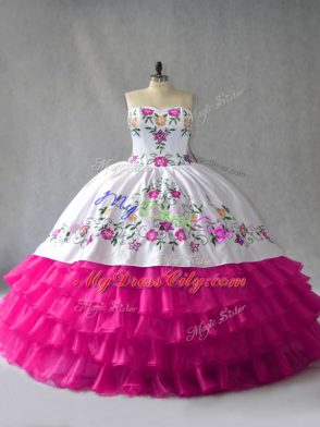 Customized Fuchsia Ball Gowns Sweetheart Sleeveless Satin and Organza Floor Length Lace Up Embroidery and Ruffled Layers Quince Ball Gowns