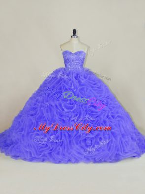 Sweetheart Sleeveless Ball Gown Prom Dress Brush Train Beading and Ruffles Purple Organza and Fabric With Rolling Flowers