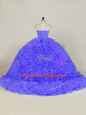 Sweetheart Sleeveless Ball Gown Prom Dress Brush Train Beading and Ruffles Purple Organza and Fabric With Rolling Flowers