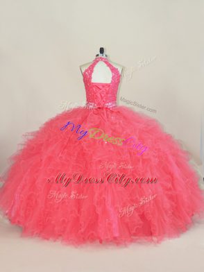 Fashionable Pink Halter Top Lace Up Beading and Ruffles Quinceanera Gown Sleeveless