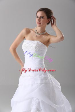 Simple Organza Strapless Sleeveless Brush Train Lace Up Beading and Lace Wedding Dress in White