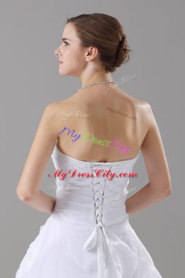 Simple Organza Strapless Sleeveless Brush Train Lace Up Beading and Lace Wedding Dress in White