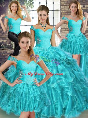 Super Aqua Blue Organza Lace Up Quinceanera Dress Sleeveless Brush Train Beading and Ruffles