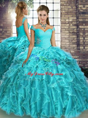 Super Aqua Blue Organza Lace Up Quinceanera Dress Sleeveless Brush Train Beading and Ruffles