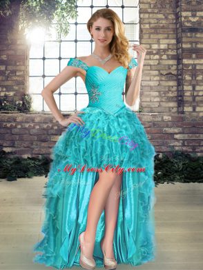 Super Aqua Blue Organza Lace Up Quinceanera Dress Sleeveless Brush Train Beading and Ruffles
