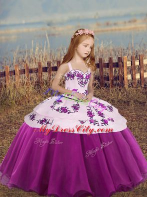Excellent Fuchsia Organza Lace Up Straps Sleeveless High Low Girls Pageant Dresses Embroidery