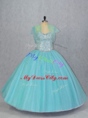 Tulle Sweetheart Sleeveless Lace Up Beading Sweet 16 Dress in Aqua Blue