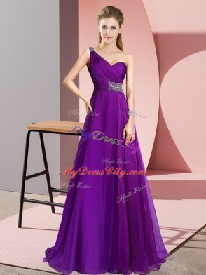 Beautiful Purple Chiffon Criss Cross Evening Gowns Sleeveless Brush Train Beading