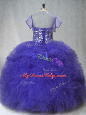 Purple Sweetheart Lace Up Beading and Ruffles Ball Gown Prom Dress Sleeveless