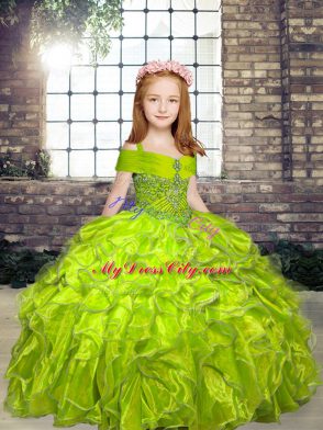 Straps Sleeveless Winning Pageant Gowns Floor Length Beading Olive Green Organza