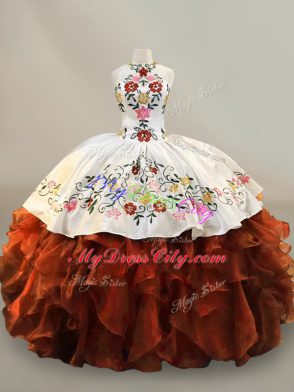 Modest Rust Red Halter Top Neckline Embroidery and Ruffles Sweet 16 Dress Sleeveless Lace Up