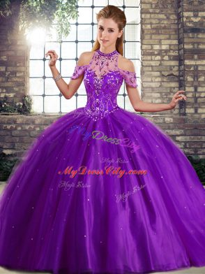 Shining Purple Tulle Lace Up Halter Top Sleeveless 15th Birthday Dress Brush Train Beading