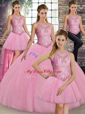 Dazzling Pink Lace Up Sweet 16 Dresses Embroidery Sleeveless Floor Length