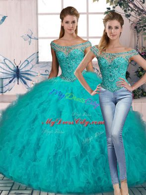 Fashionable Aqua Blue Sleeveless Brush Train Beading and Ruffles Sweet 16 Dresses