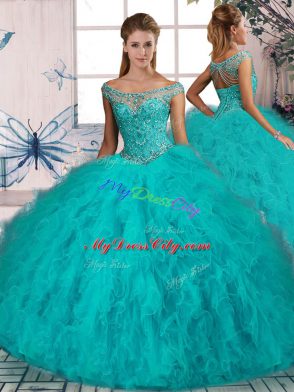 Fashionable Aqua Blue Sleeveless Brush Train Beading and Ruffles Sweet 16 Dresses