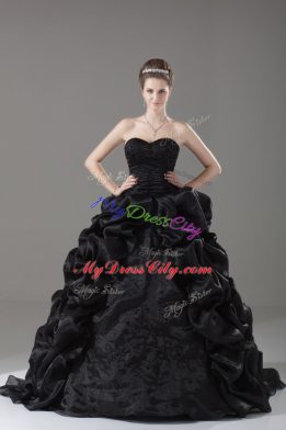 Black Sleeveless Organza Brush Train Lace Up 15 Quinceanera Dress for Sweet 16 and Quinceanera