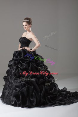 Black Sleeveless Organza Brush Train Lace Up 15 Quinceanera Dress for Sweet 16 and Quinceanera