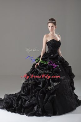 Black Sleeveless Organza Brush Train Lace Up 15 Quinceanera Dress for Sweet 16 and Quinceanera