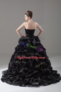 Black Sleeveless Organza Brush Train Lace Up 15 Quinceanera Dress for Sweet 16 and Quinceanera