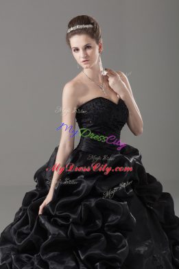Black Sleeveless Organza Brush Train Lace Up 15 Quinceanera Dress for Sweet 16 and Quinceanera