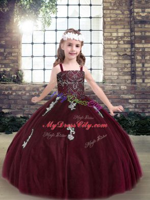 Burgundy Straps Neckline Beading and Appliques Kids Pageant Dress Sleeveless Lace Up