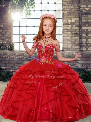 Floor Length Ball Gowns Sleeveless Red Kids Formal Wear Lace Up
