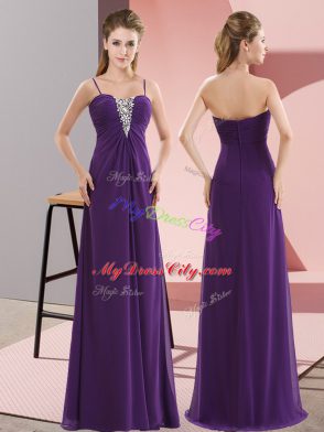 Spaghetti Straps Sleeveless Evening Dress Floor Length Beading Purple Chiffon