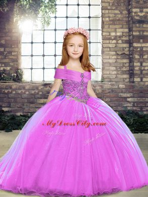 Straps Sleeveless Lace Up Beading Girls Pageant Dresses in Lilac
