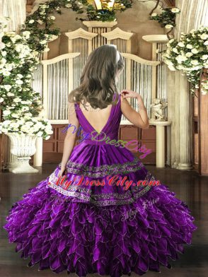 Floor Length Eggplant Purple Glitz Pageant Dress V-neck Sleeveless Backless