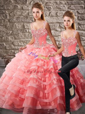 Best Selling Straps Sleeveless 15 Quinceanera Dress Court Train Beading and Ruffled Layers Watermelon Red Organza