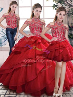 Modern Floor Length Three Pieces Sleeveless Red 15 Quinceanera Dress Lace Up