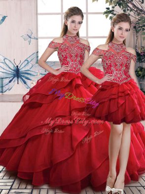 Modern Floor Length Three Pieces Sleeveless Red 15 Quinceanera Dress Lace Up