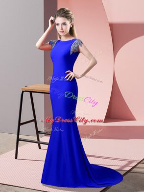 High-neck Short Sleeves Brush Train Backless Prom Dress Royal Blue Elastic Woven Satin