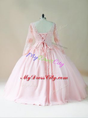 Affordable Baby Pink Ball Gowns Satin and Tulle V-neck Long Sleeves Beading and Appliques Floor Length Lace Up Sweet 16 Dress