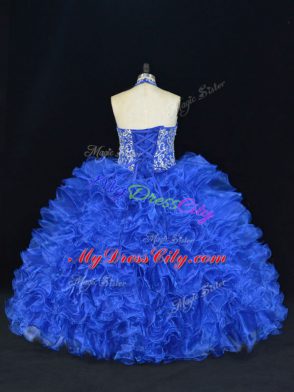 Royal Blue Lace Up Quinceanera Gown Beading and Ruffles Sleeveless Floor Length
