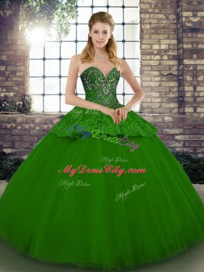 Green Tulle Lace Up Sweet 16 Dresses Sleeveless Floor Length Beading and Appliques