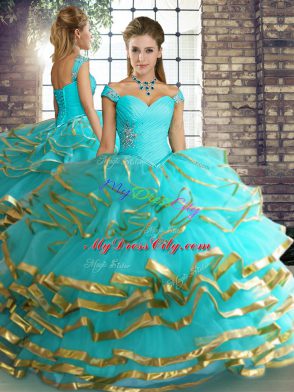 Edgy Floor Length Aqua Blue Quinceanera Dresses Off The Shoulder Sleeveless Lace Up