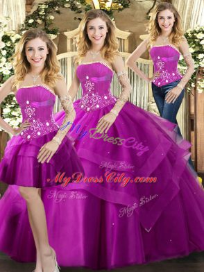 Stunning Fuchsia Ball Gowns Beading and Ruffled Layers 15th Birthday Dress Lace Up Tulle Sleeveless Floor Length