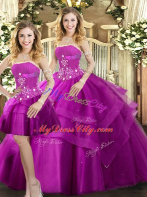 Stunning Fuchsia Ball Gowns Beading and Ruffled Layers 15th Birthday Dress Lace Up Tulle Sleeveless Floor Length