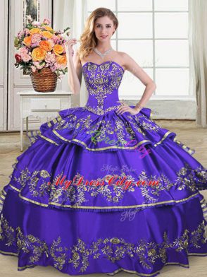 Noble Purple Sweetheart Neckline Embroidery and Ruffled Layers Quince Ball Gowns Sleeveless Lace Up
