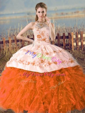 Orange and Rust Red Organza Lace Up 15th Birthday Dress Sleeveless Court Train Embroidery