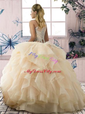 New Arrival Sleeveless Lace Up Floor Length Beading and Ruffles Vestidos de Quinceanera